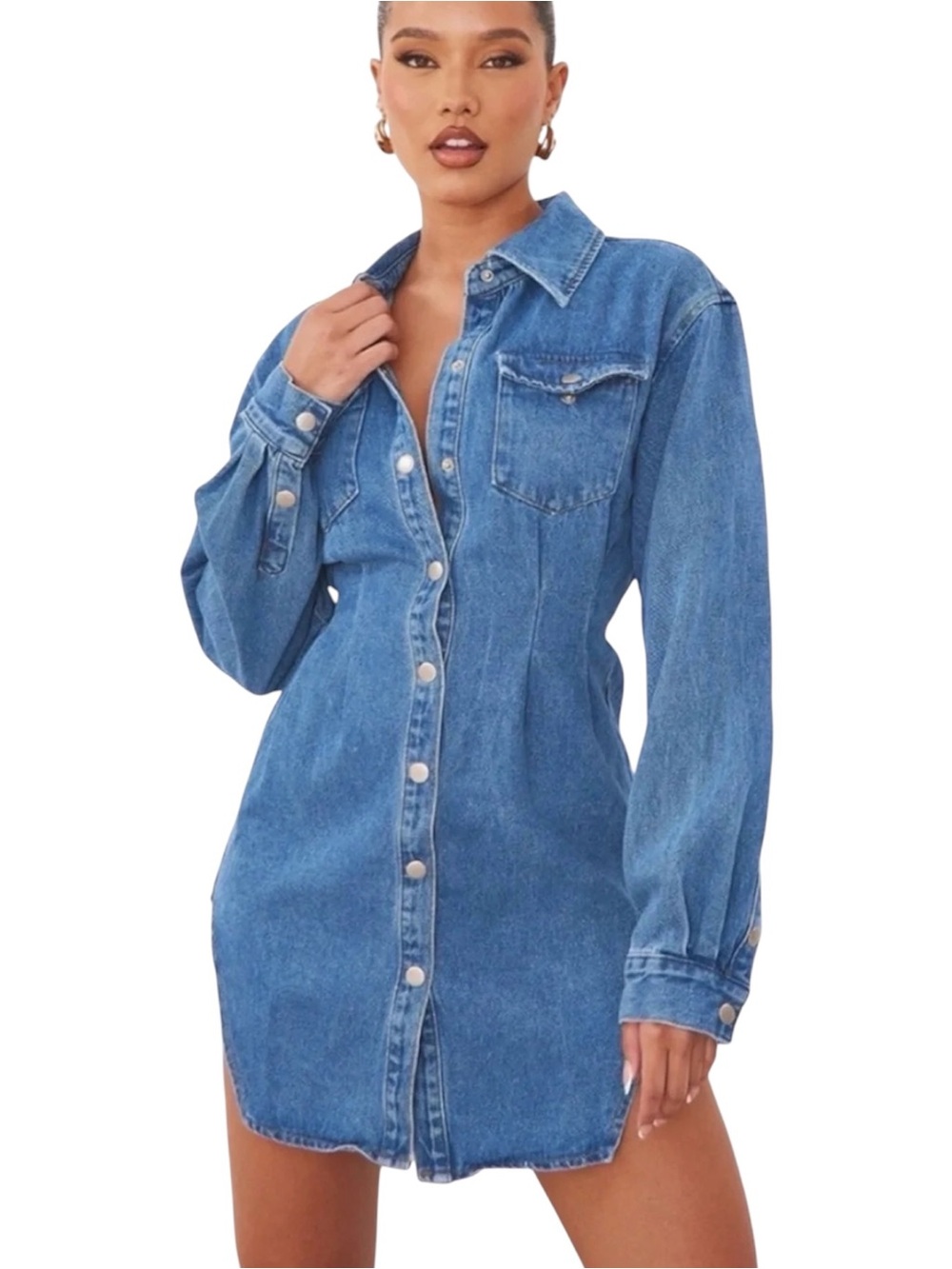 PrettyLittleThing Blue Denim Button-Front Shirt Dress Size 4